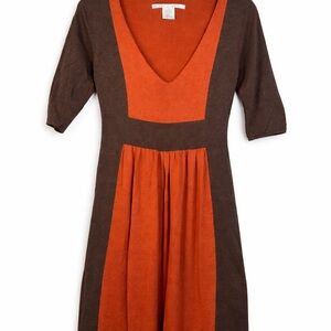 Elegant Brown and Orange V-Neck Dress